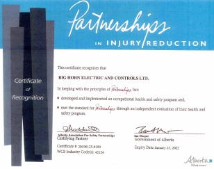 This certificate recognizes that Big Horn Electric and Controls Ltd has developed and implemented an Occupational Health and Safety Program, and met the standards for Partnerships through an independent evaluation of their health and safety program.